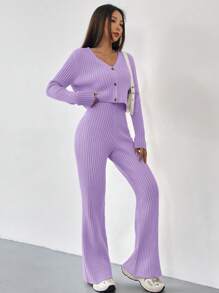 Muchica Khaki Ribbed Knit Cardigan & Knit Pants - Purple - View 3
