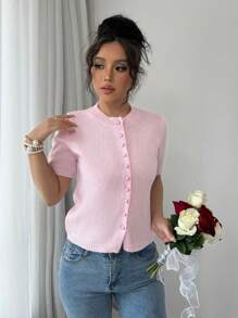Gloray Nueva llegada Suéter holgado y sencillo de punto con botones para mujer, suéter de manga corta en color rosa para otoño/invierno