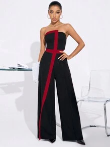 SHEIN SXY Mono de pierna recta con contraste de color sin mangas para uso en oficina, ropa de mujer de temporada otoñal