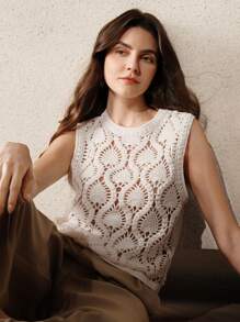 Anewsta Elaire 早春薄款毛衣无袖法式休闲小众钩针背心针织上衣老花款 - 白色 - 查看 4