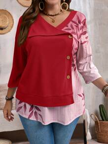 EMERY ROSE Plus Size Women's Print Solid Color Long Sleeve Fall T-Shirt - Red - View 5