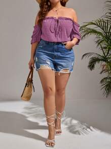 SHEIN VCAY Plus Swiss Dot 露肩荷叶边夏季衬衫 - 紫色 - 查看 5