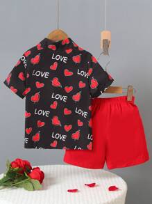 SHEIN Bộ đồ thường ngày cho bé trai 2 món: Áo phông in hình tay ngắn cài nút phía trước và quần short - Nhiều màu - Xem 2