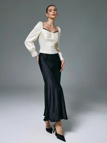 Poéselle Blusa de satén con mangas de farol, adornos de encaje negro y contraste de satén para mujer elegante, ropa de mujer para Navidad, blusa de manga larga, ropa de mujer de negocios, ropa de mujer de otoño e invierno