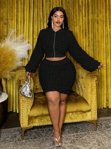 Slaydiva 大码女式休闲泡泡图案长袖夹克和迷你裙套装