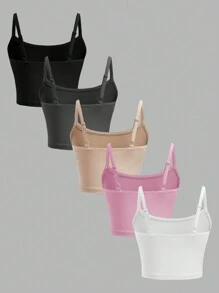 SHEIN Girlism 5pcs/Pack Tween Girls Fitted Casual Minimalist Versatile Adjustable Strap Camisole Multipacks