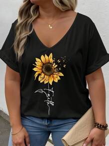 INAWLY Áo thun tay ngắn cổ chữ V in hình hoa cúc và cây cỡ lớn, mùa hè, phong cách đồng quê dành cho nữ - màu đen - Xem 3