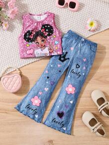 SHEIN Set de 2 piezas compuesto por top ajustado de punto con diseño lindo de niña y pantalones acampanados de punto
