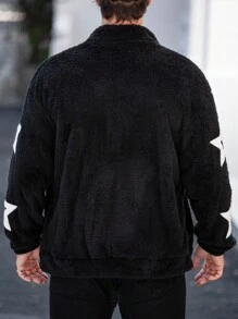 Manfinity Homme Men's Casual Star Applique Fleece Jacket, Autumn/Winter - Black - View 2