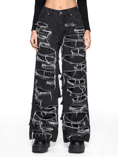 Grunge Punk Jean femme à jambes larges style punk délavé