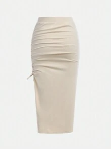 SHEIN Girlism 2pcs/Set Tween Girl Fitted Casual Apricot Knit Pencil Skirt Dress Set - Apricot - View 6