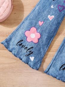 SHEIN Set de 2 piezas compuesto por top ajustado de punto con diseño lindo de niña y pantalones acampanados de punto