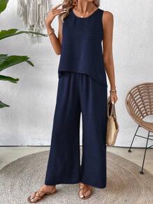 Breezaya 2pcs/Set Women Solid Color Sleeveless Crew Neck Top And Long Pants - Blue - View 4