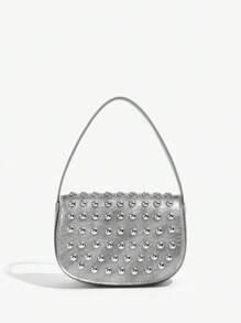 SHEIN ICON Bolso de hombro para damas y mujeres, bolso hobo, de moda, personalizado, simple, versátil, de calle, dulce y fresco para chicas, chicas calientes, Y2K, remaches, plateado, bolso de bolos, bolso Boston, Y3K, adolescentes