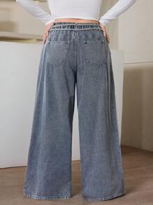 SHEIN EZwear 大码女式口袋褶皱阔腿宽松休闲牛仔裤