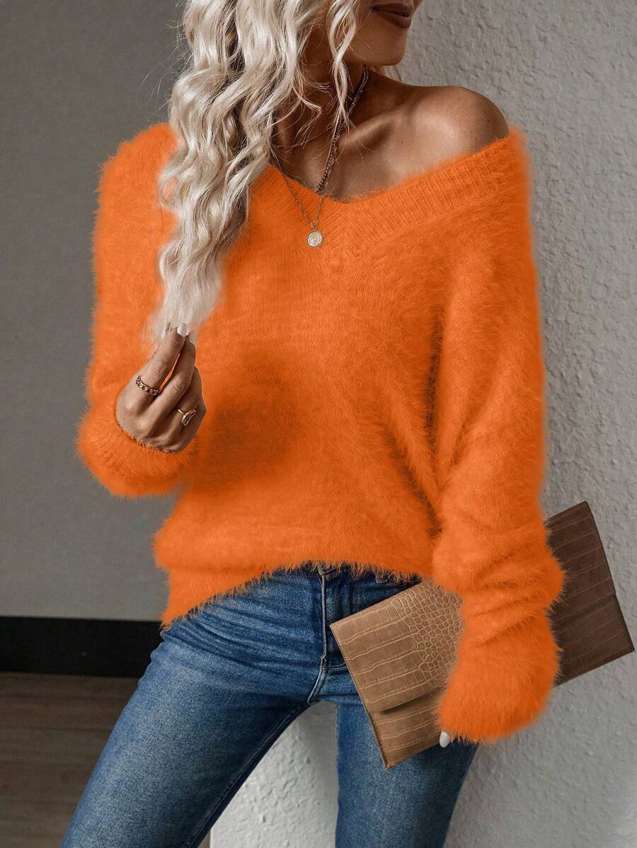 SHEIN LUNE Áo len dệt kim rộng cổ chữ V màu trơn cho nữ, mùa thu/đông - trái cam - Xem 1