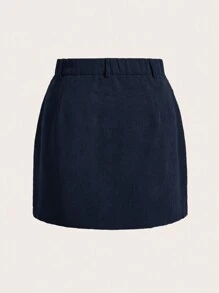 Comfortcana 大码女式纯色口袋短休闲裙 - 藏蓝色 - 查看 2