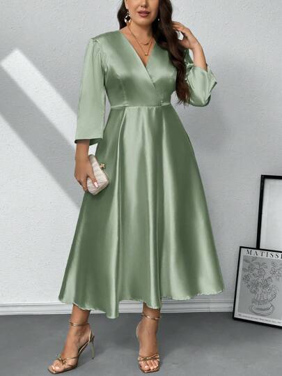 Firerie Plus Size Women Romantic Elegant Long Sleeve V-Neck A-Line Midi Dress, Suitable For Bridesmaid, Date, Party, Wedding, Loose Fit