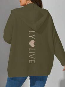 Calvaya Plus Size Women Letter Pattern Casual Drop Shoulder Hooded Cardigan Sweater, Winter Fall Cloth For Women - Green - View 2