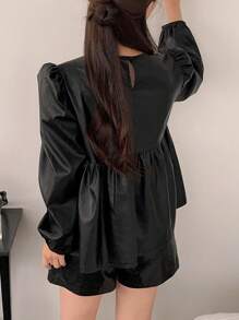 DAZY Women's Crew Neck PU Leather Pullover Doll Shirt, Spring/Summer,Ruffle Long Sleeve Top