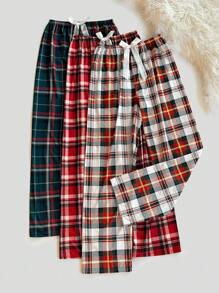 Set de 3 pantalones de pijama con cintura elástica y decoración de lazo con estampado a cuadros, ropa de otoño e invierno