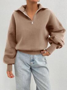 RueChic 100% Cotton Collar With Zipper Pattern Oversize Sweatshirt - Beige - View 6