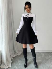 Selianne Vestito formale da donna con colletto alto, lacci, balze all'orlo, maniche lunghe in chiffon, decorato con fiocco, vita stringata