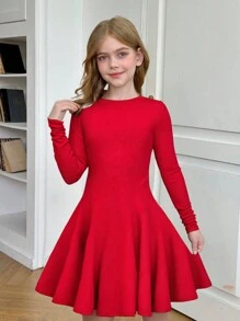 SHEIN Leap Crew Tween Girls Basic Casual Comfortable Stylish Elegant Solid Color Knit Round Neck Long Sleeve Dress, Spring - Red - View 1