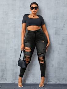 SHEIN SXY Plus Size Women Distressed Pockets Skinny Casual Jeans - Black - View 6