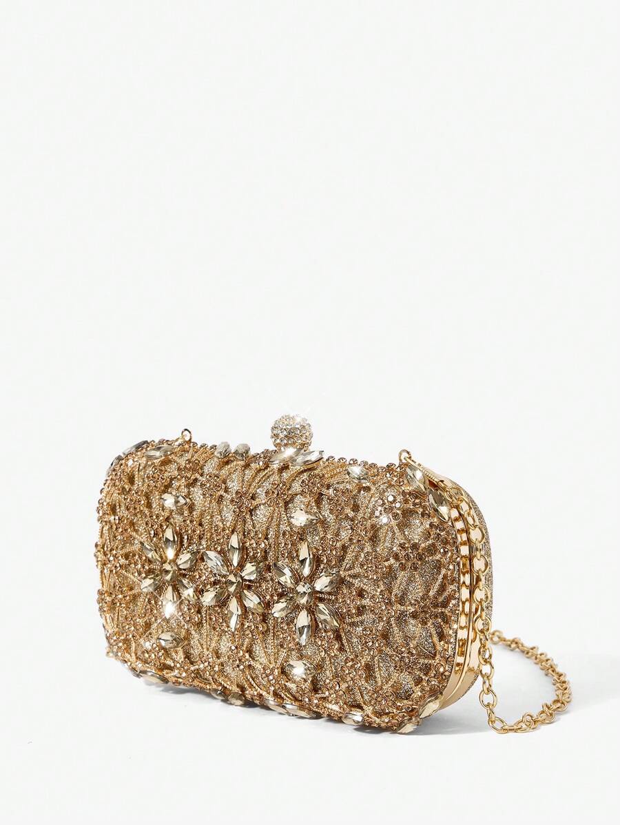 SHEIN Belle Bolso de mano elegante de estilo retro con decoración de strass, ideal para eventos nocturnos en San Valentín - Dorado - Ver 1