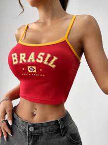 Muchica Letter Graphic Contrast Binding Cami Top Football Shirt - Red - View 3