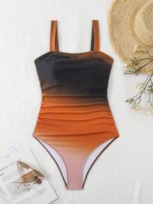 Swim Lushoire Beach Outfits For Women: Elegant Slimming Ruched Ombre One Piece Swimsuit With Wide Straps For Summer Beach Vacation - Multicolor - View 3
