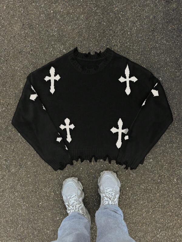 AXEPEAK Jersey de manga larga de punto negro, de hombros caídos, con gráfico de cruz, casual y holgado, para otoño/invierno