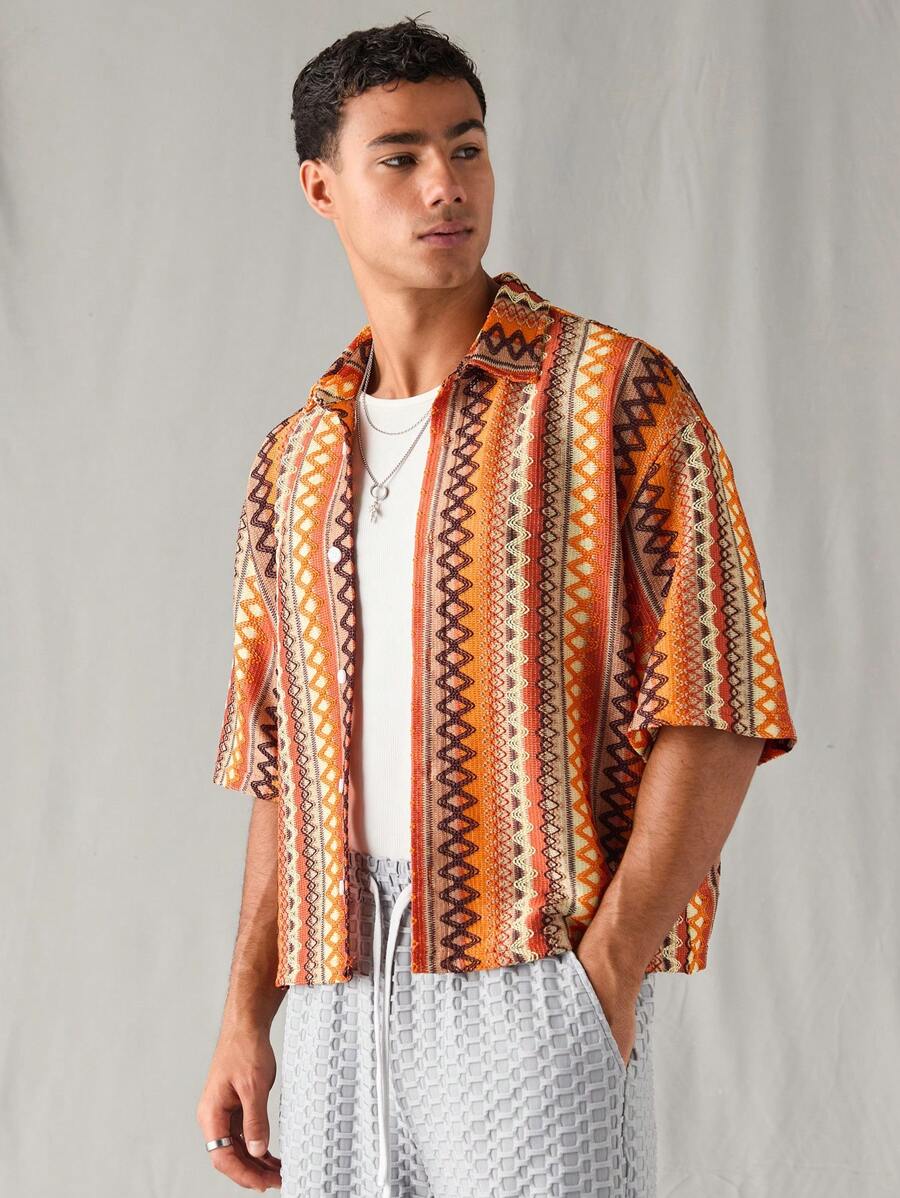 SWAVVY Men's Knitted Casual Loose Short Sleeve Jacquard Pattern Shirt, Everyday Wear, Young Style - Multicolor - View 1