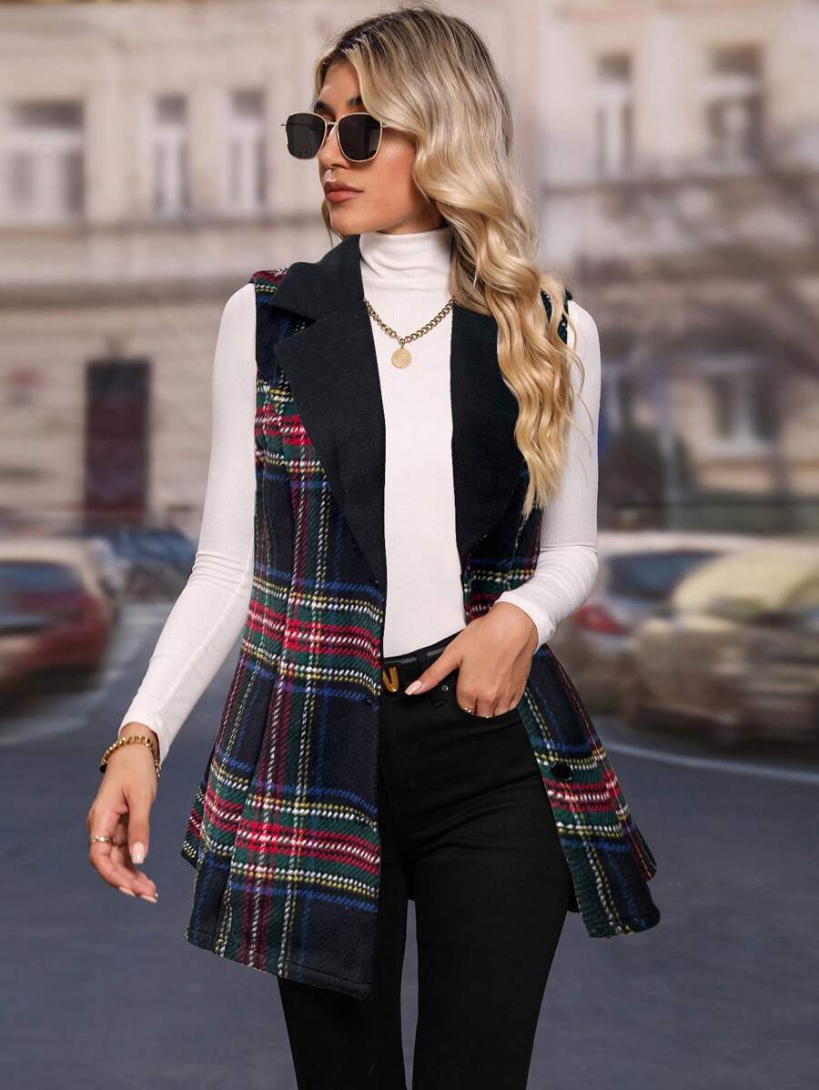SHEIN LUNE Áo vest/áo khoác kẻ caro đỏ giản dị cho nữ (Hoa ngẫu nhiên) - màu đen - Xem 1