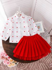 SHEIN Conjunto de vestir elegante y de alta calidad para vacaciones de otoño para niñas jóvenes con falda de malla roja casual, camisa con cuello y estampado de corazones con forro plisado de malla