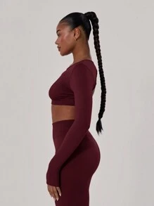 Musera Sport Cross Back Crop Long Sleeve Gym Top, Padel, Tennis, Pickleball Gym Fitness Winter - Burgundy - View 4