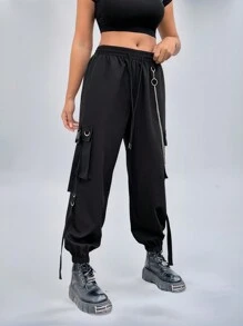 Coolane Plus Size Fashion Pocket Chain Decor Cargo Pants - Black - View 4