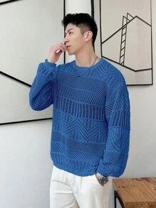 Claim Dot Áo len nam cổ tròn tay dài khoét lỗ màu trơn thường ngày, mùa thu/đông - Màu xanh lam - Xem 4