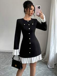 SHEIN Unity Elegant Color Block Pleated Hem Bell Sleeve Dress, Autumn Fall Cloth For Women - Black - View 6