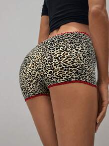 Aloruh Women Leopard Print Lace Trim Decorated Low Waist Shorts