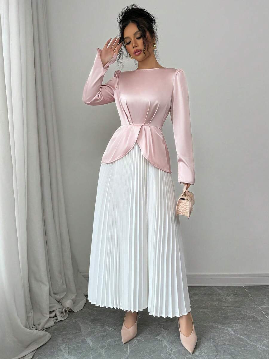 Elenzga Elegant High-Waisted A-Line Pleated Long Sleeve Dress For Women