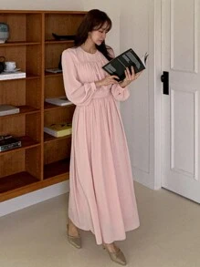DAZY Women's Solid Color Pleated Long Elegant Dress, Pink, Spring/Summer,Fall Clothes Long Sleeve Dress Maxi Dress - Pink - View 7