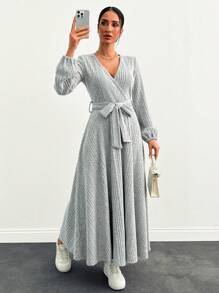 SHEIN Cottnline Asymmetrical Ruffled Belted Wrap Long Dress - Light Grey - View 6