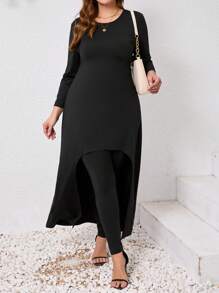 大码女式纯色圆领长袖不对称下摆上衣和裤子休闲两件套