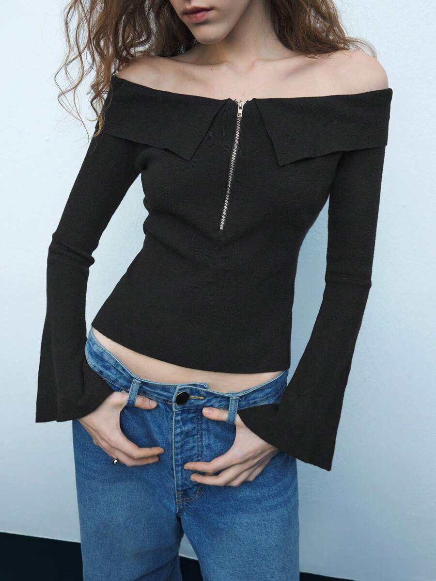 Maija 女士黑色露肩镂空金属拉链喇叭袖优雅时尚性感休闲节日短款毛衣上衣节日 - 黑色 - 查看 1