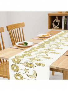 1 pièce Tapis de table en lin doré imprimé pour Ramadan, décoration de fête pour l'intérieur et l'extérieur