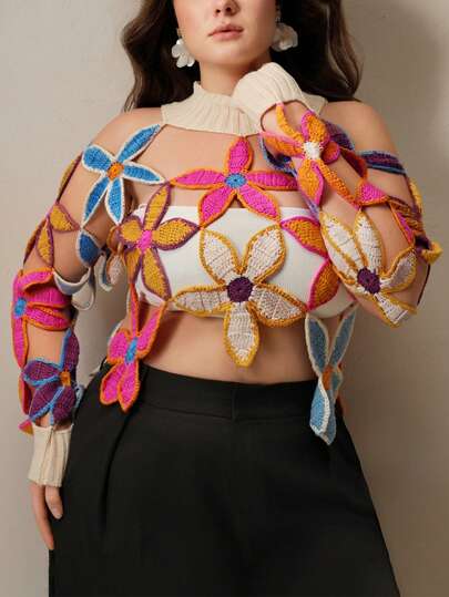 Anewsta 大码女式花卉钩编镂空性感毛衣，秋冬针织套头衫