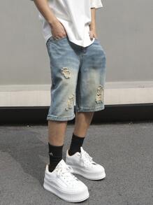 Manfinity EMRG Men's Simple Ripped Pocket Denim Shorts, Casual Everyday Wear - Medium Wash - View 4