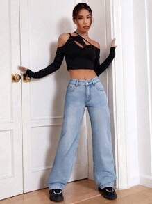 SHEIN EZwear 女式宽松版型保暖内衬直筒牛仔裤，带口袋 - 藍色 - 查看 3
